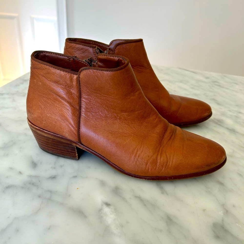 Sam Edelman ankle booties in cognac brown.